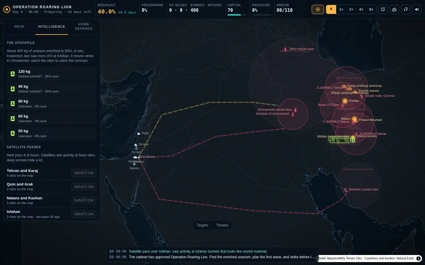 The intelligence tab with the stockpile lots, satellite passes, drones and agents